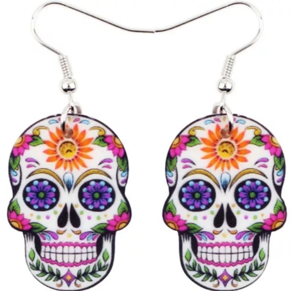 Skull Earrings. Calavera. Rock Punk. Floral Flower